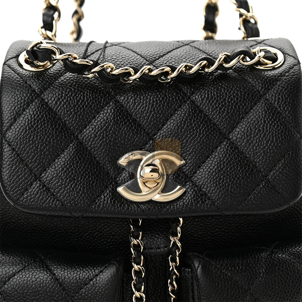 Ch*el shiny caviar quilted small duma pockets drawstring backpack black as3787 (17.5*16.5*10cm)